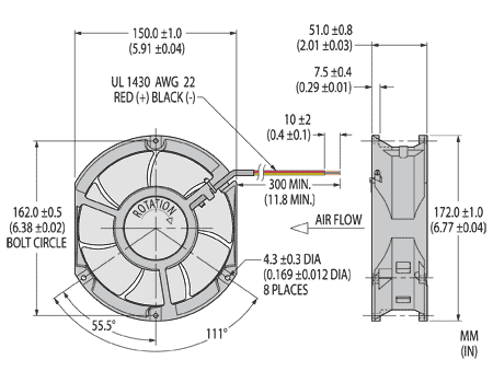 Dimension drawing for Nidec X17L UltraFlo tube axial cooling fan