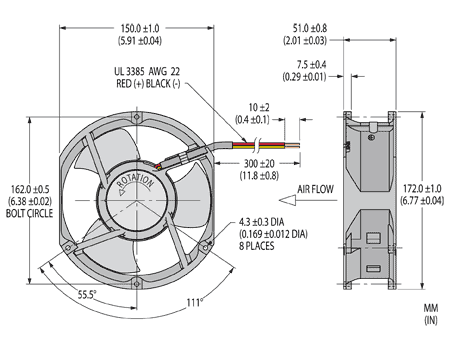 Dimension drawing for Nidec X17L UltraFlo tube axial cooling fan